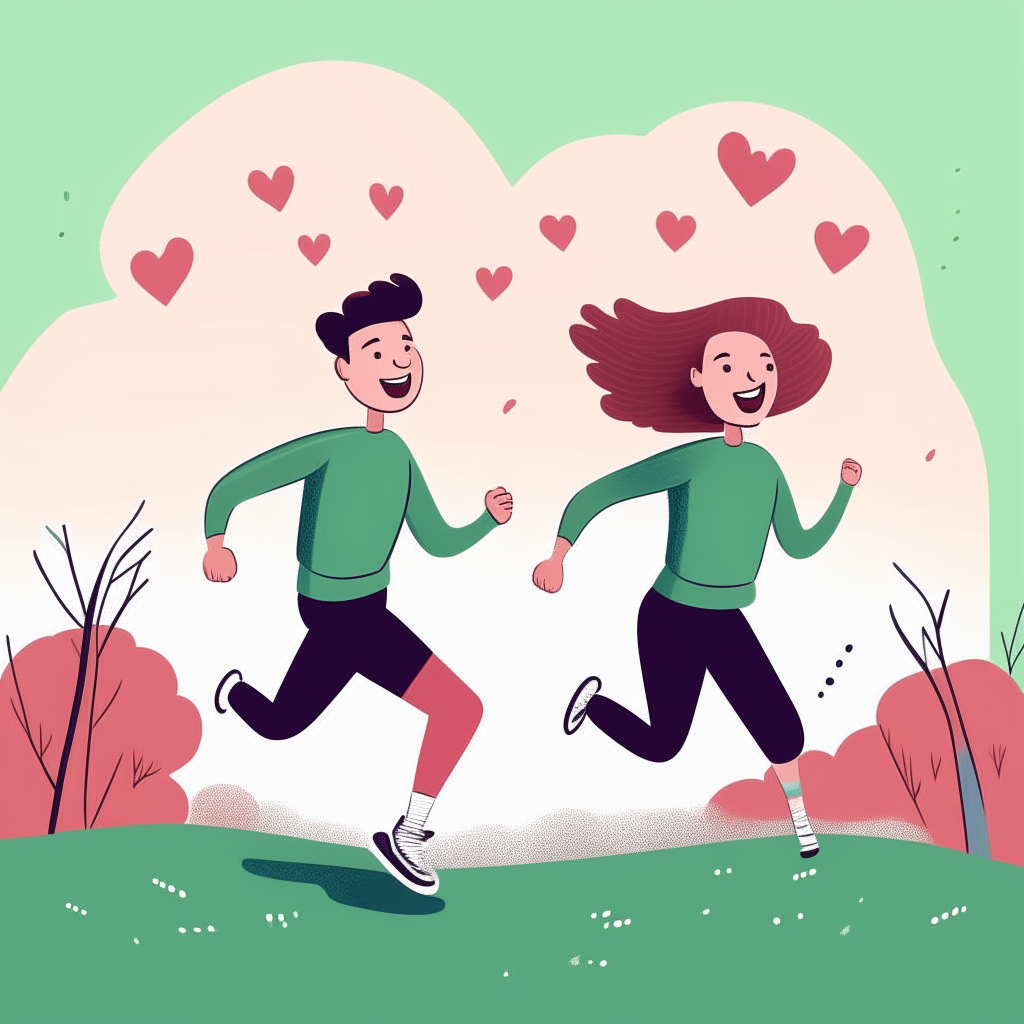 cartoon drawing of a couple going for a jog outside together with hearts floating above them