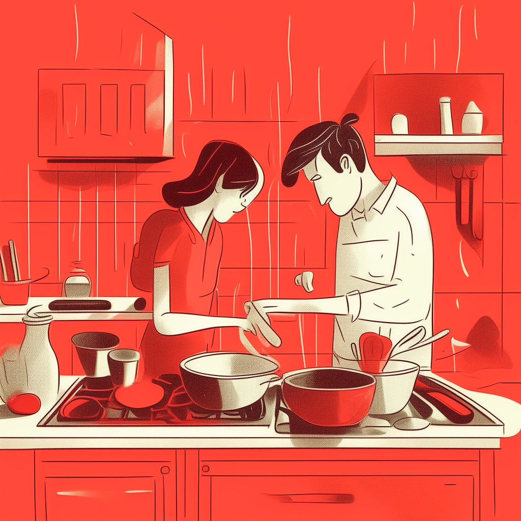 cartoon drawing of a couple cooking a meal together in a kitchen against a red wall background