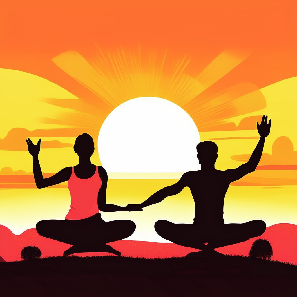 cartoon drawing of a couple doing yoga together on mats against a sunrise background