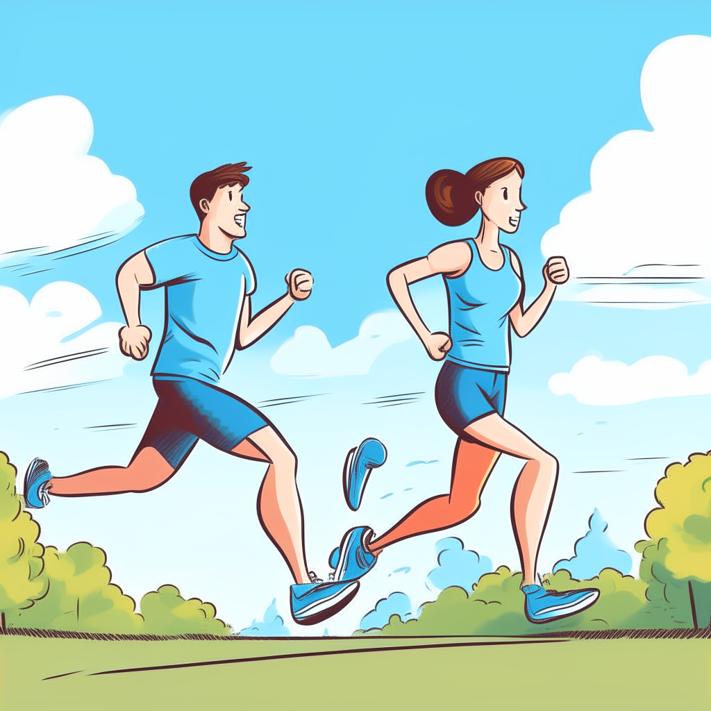 cartoon drawing of a couple jogging together outside against a blue sky background