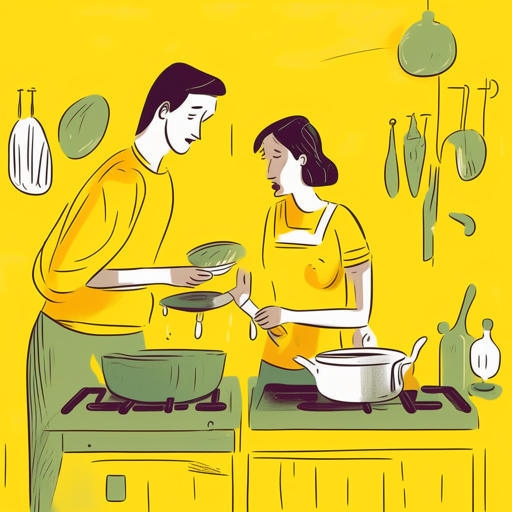 cartoon drawing of a couple cooking together in a kitchen against a yellow wall background