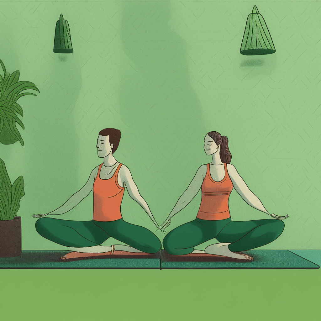 cartoon drawing of a couple doing yoga on mats against a green wall background