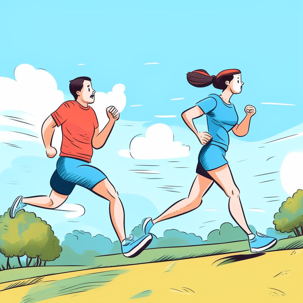 cartoon drawing of a couple jogging together outside against a blue sky background