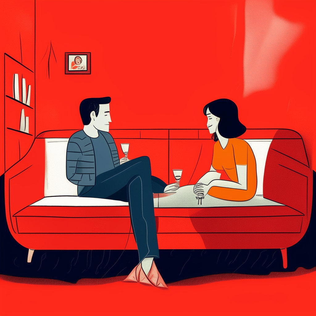 cartoon drawing of a couple chatting on a couch with cocktails against a red wall