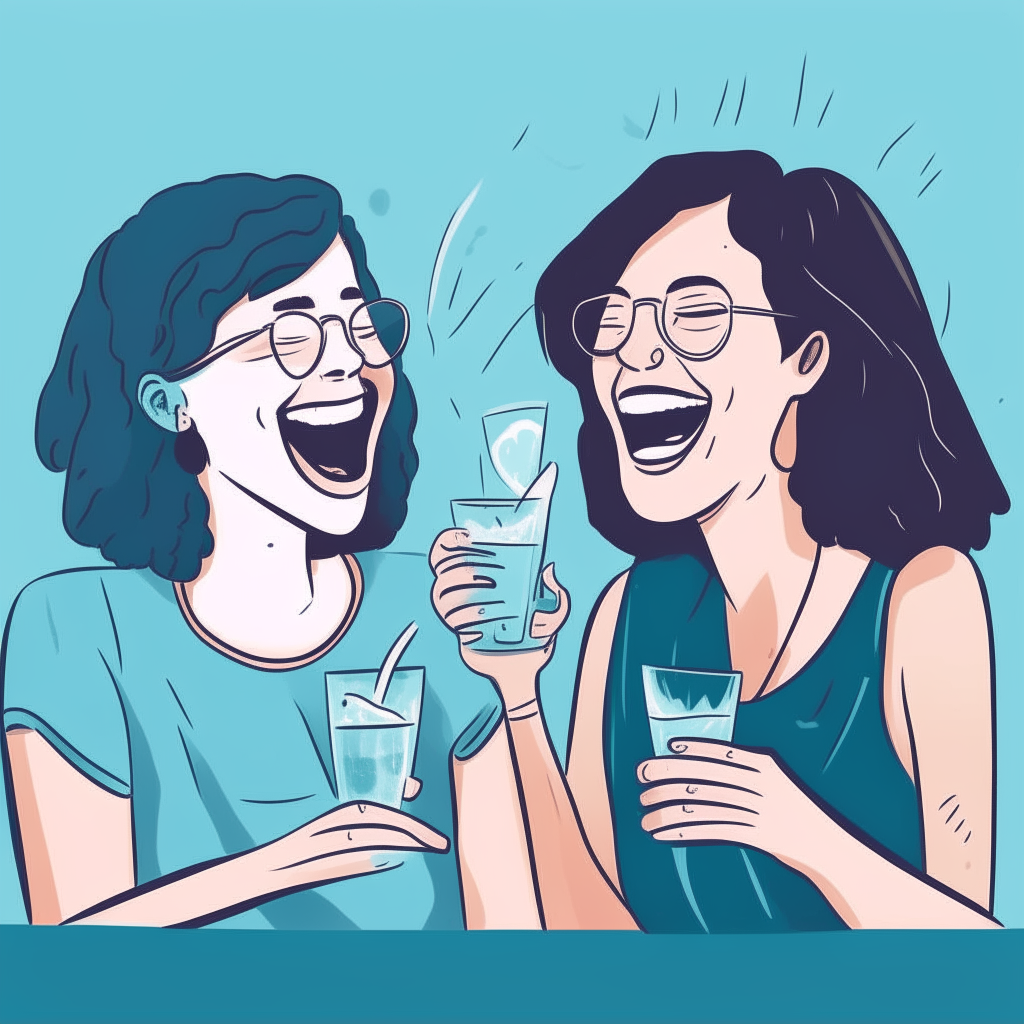 cartoon drawing of friends laughing together with cocktails against a blue wall