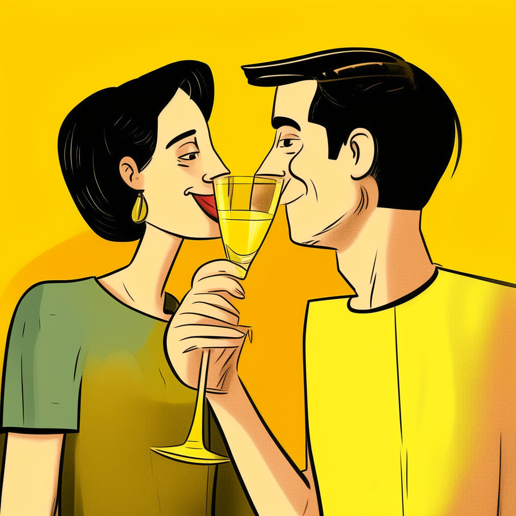 cartoon drawing of a couple clinking cocktail glasses together against a yellow wall