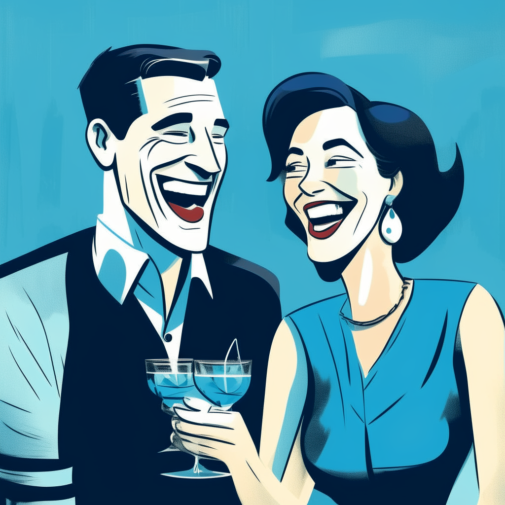 cartoon drawing of a man and woman laughing together with cocktails against a blue wall