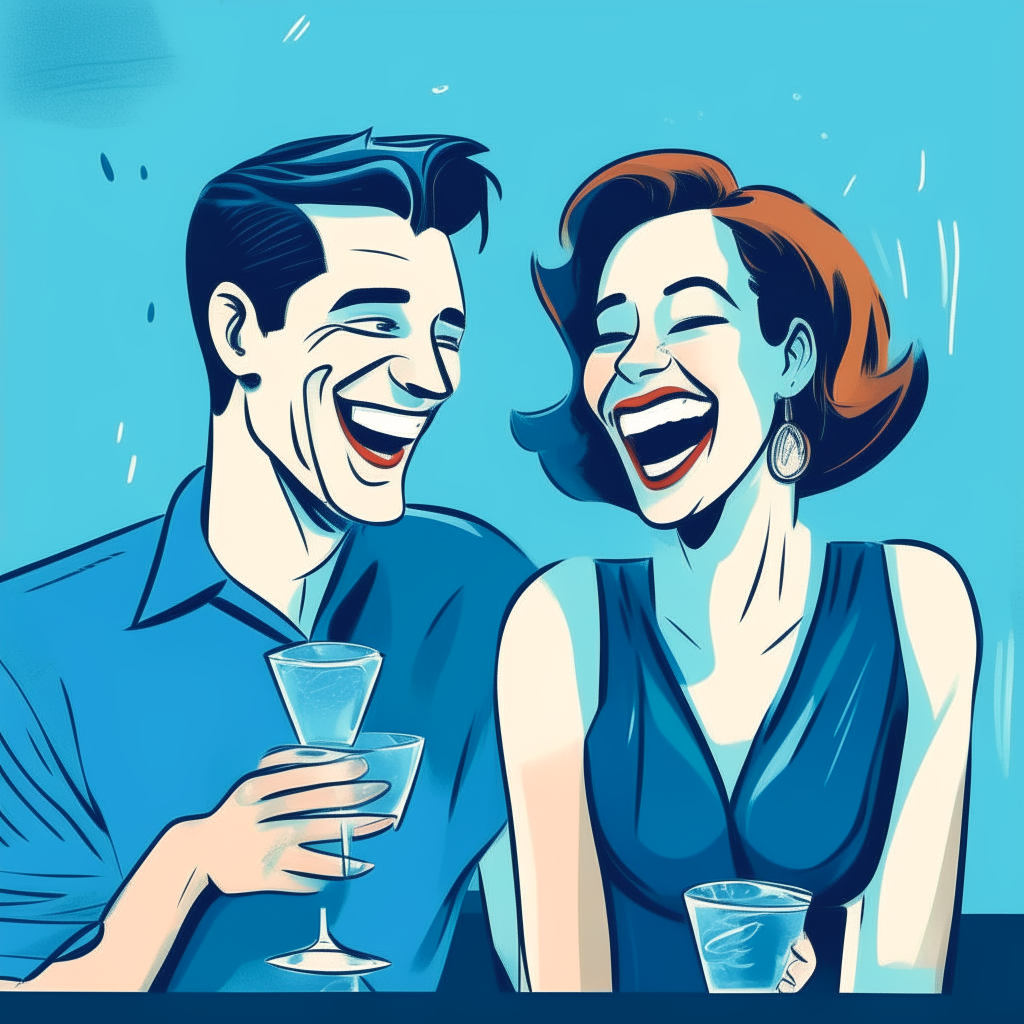 cartoon drawing of a young man and woman laughing together with cocktails against a blue wall