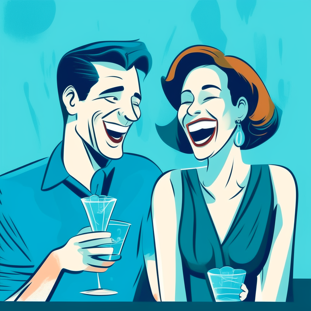 cartoon drawing of a young man and woman laughing together with cocktails against a blue wall, with the man's hand holding the cup revised