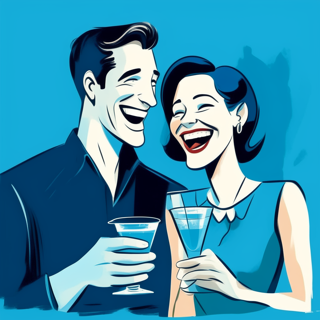 cartoon drawing of a young man and woman laughing together, the man holding one cocktail cup against a blue wall