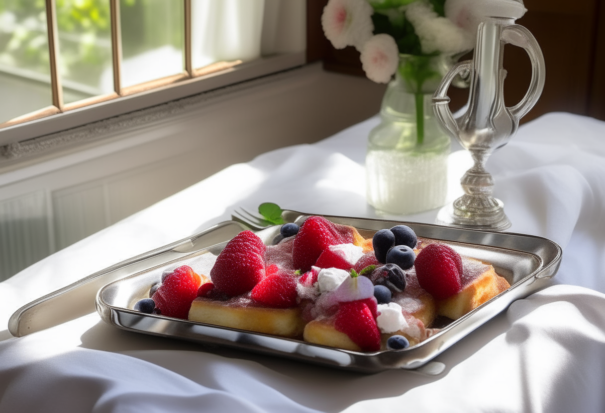 Imagine a tray with crisp, golden French toasts adorned with a glistening berry compote featuring strawberries, blueberries, and raspberries. A dusting of powdered sugar and fresh mint leaves add extra allure. The tray, complete with a pair of silver forks and white napkins, sits atop a bed with white linens, under soft morning sunlight peeking through sheer curtains.