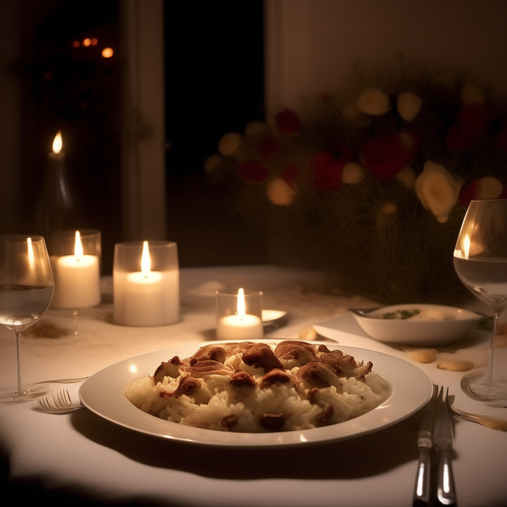 Envision a dimly-lit, romantic setting with a table adorned with a white linen cloth, lit candles, and a vase with red roses. In the center, there's a pristine, white plate hosting a mound of creamy, steaming mushroom risotto. The risotto has a golden-brown hue, punctuated with pieces of sautéed mushrooms and garnished with fresh parsley and grated Parmesan, emitting a warm, inviting glow.