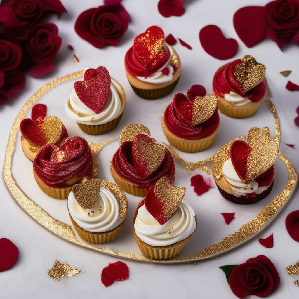 A dozen vibrant red, heart-shaped cupcakes arranged in a circular white plate, each adorned with a swirl of cream cheese frosting and a small, edible gold leaf on top. The plate sits on a light wood table with a delicate lace tablecloth and red rose petals scattered around.