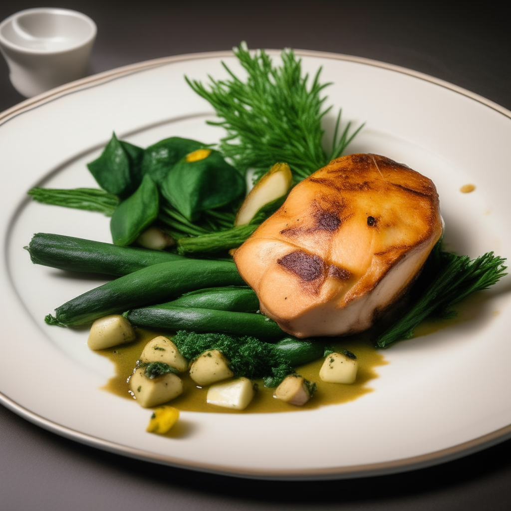 A golden-brown, perfectly seared chicken breast stuffed with vibrant green spinach and creamy white goat cheese, served on a white, square-shaped plate. It's garnished with a sprig of rosemary and a side of roasted baby potatoes and asparagus.