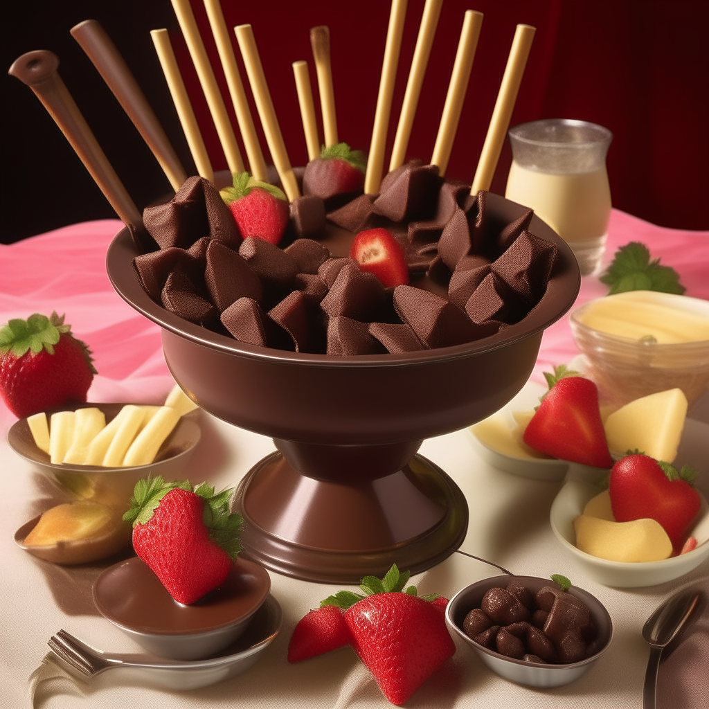 A glossy, rich chocolate fondue gently simmers in a ceramic fondue pot, surrounded by an array of fruit skewers with strawberries, pineapple, and bananas, ready for dipping. The setup is on a red tablecloth with two champagne glasses to the side.