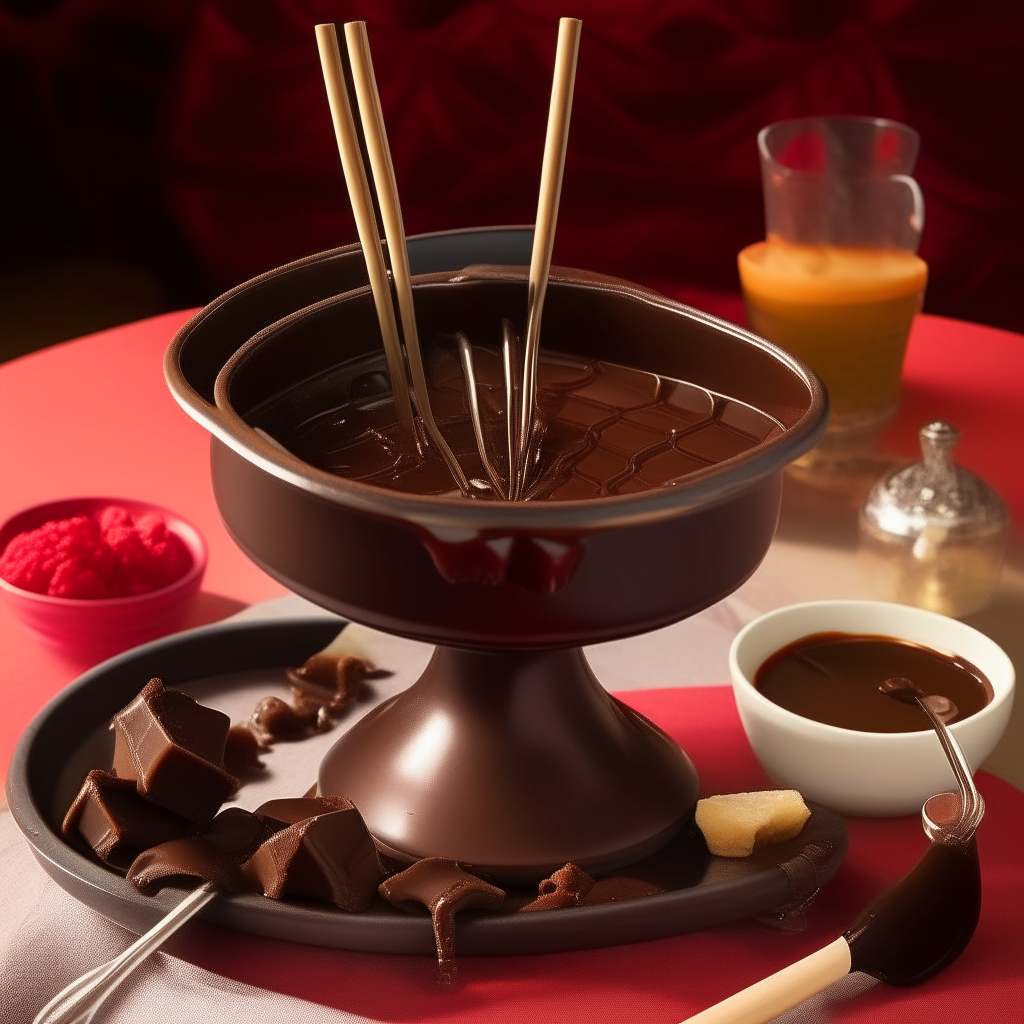 A glossy, rich chocolate fondue gently simmers and looks melted in a ceramic fondue pot, with no fruit skewers. The setup is on a red tablecloth with two champagne glasses to the side.