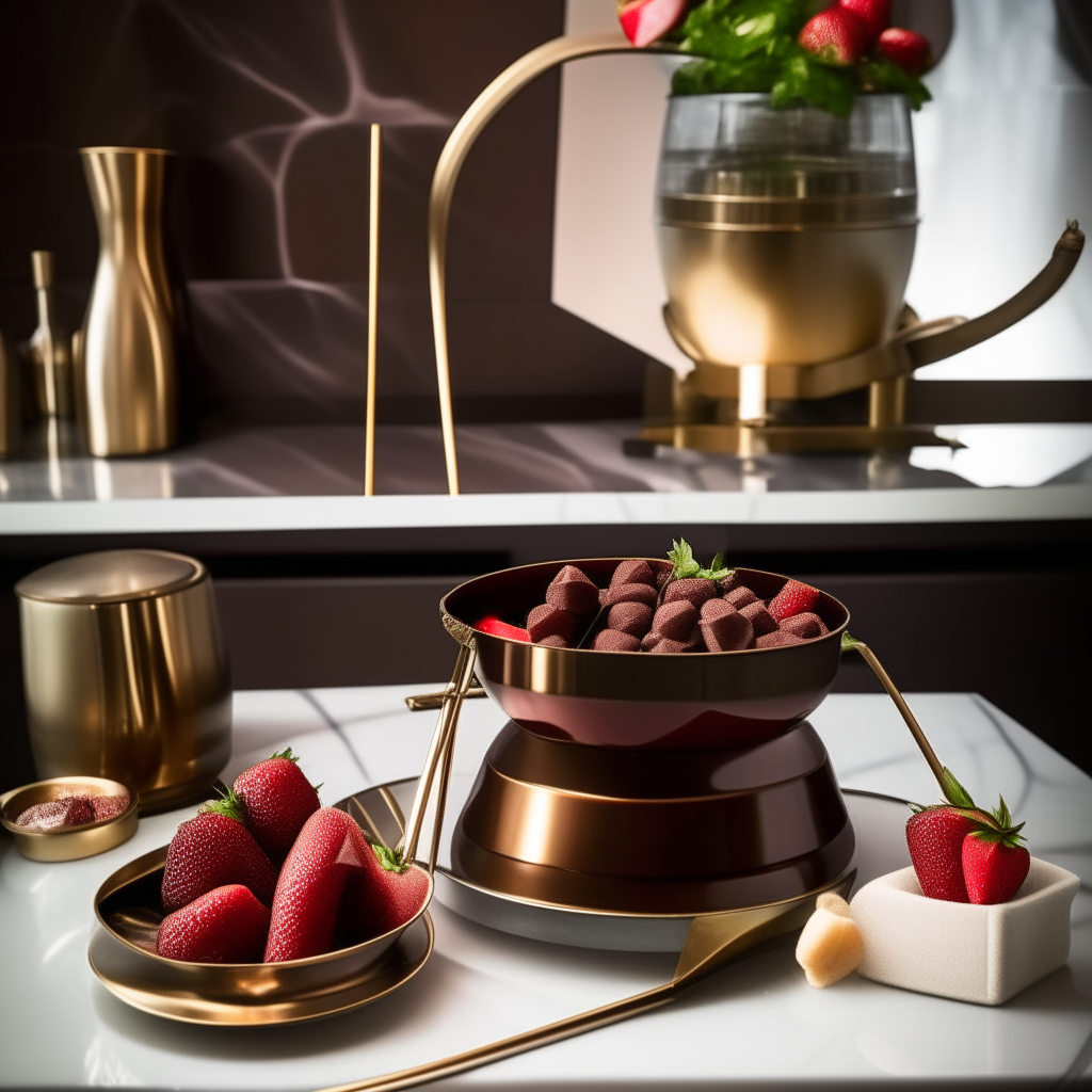 A rich chocolate fondue with whole strawberries gently simmering in an elegant art deco style kitchen with brass accents and black and white tile floors.