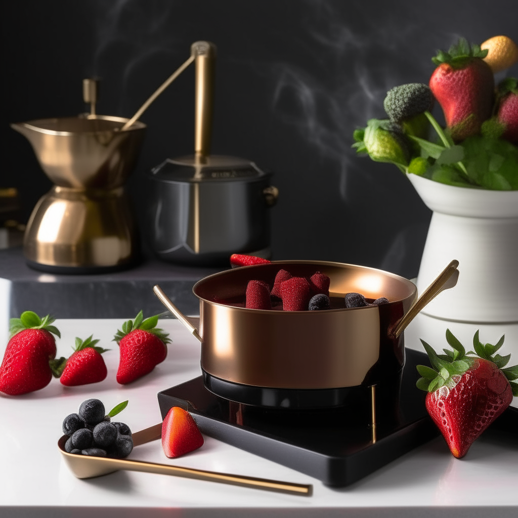 A decadent chocolate fondue filled with whole strawberries gently simmering in a modern kitchen with black countertops and brass accents.