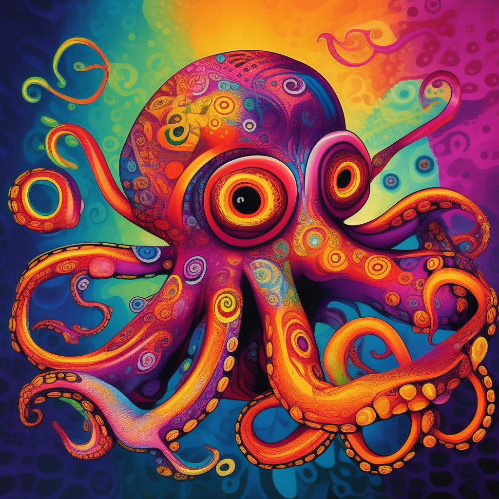 A clockwork octopus in the vibrant, psychedelic art style of Lisa Frank