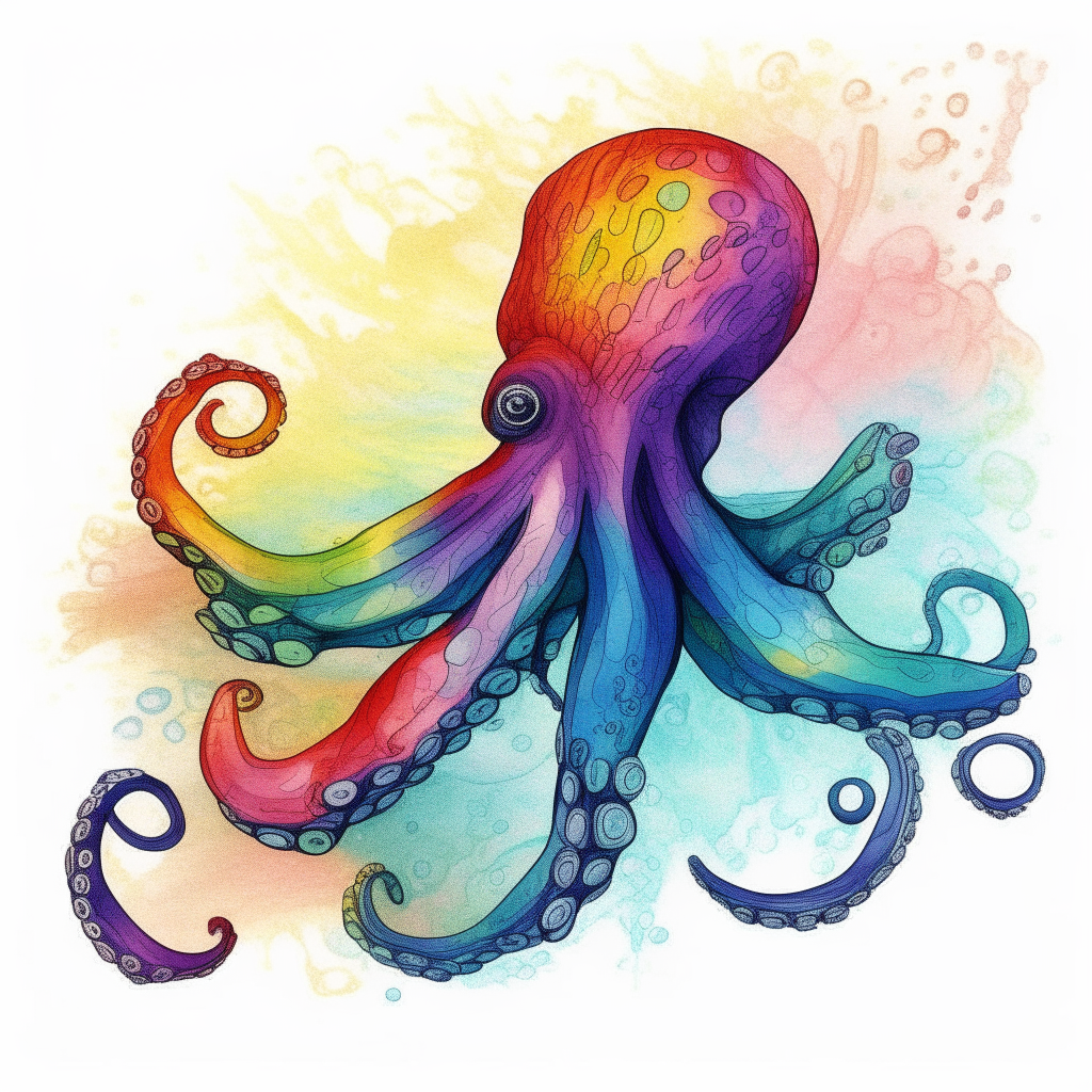 A rainbow octopus drawn with colorful ink pens and watercolored washes, on thick watercolor paper