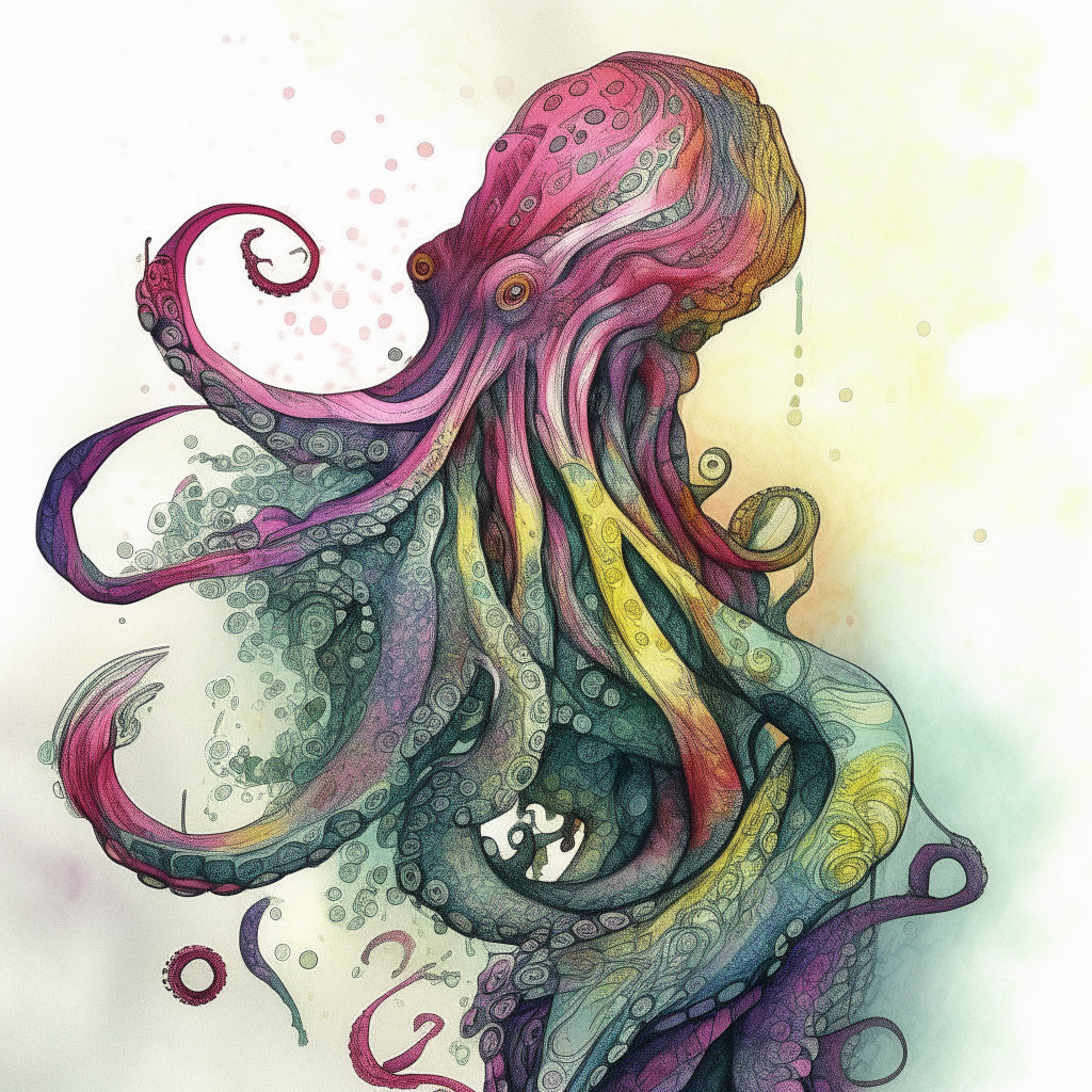 A fantastical creature with many colorful tentacles, drawn with ink pens and watercolored washes