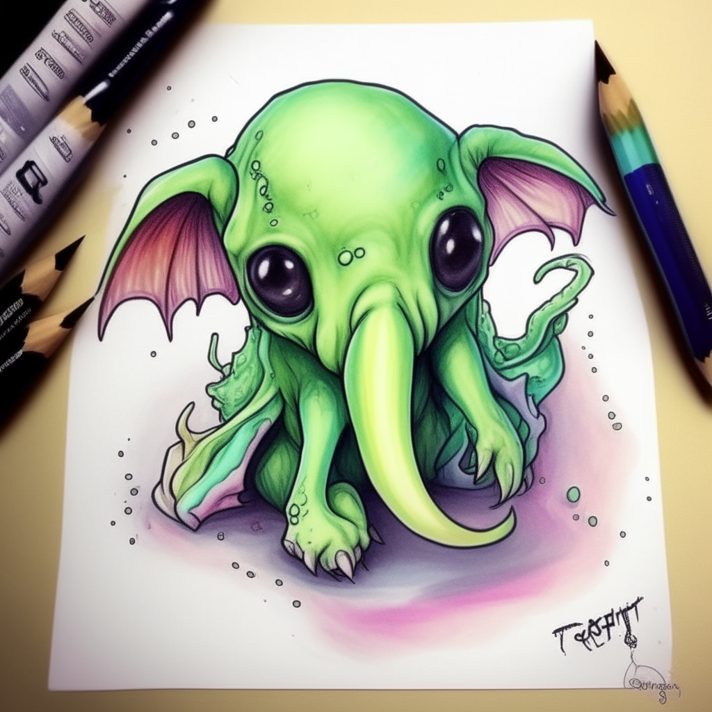 A cute baby Cthulhu drawn with colorful ink pens and watercolored washes