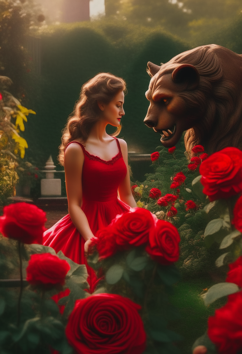 Create an image of
Beauty and the beast with red flowers in the garden