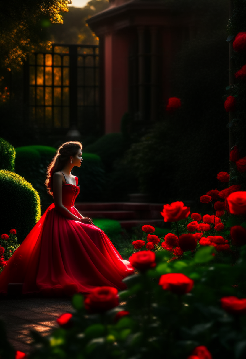 Create an image of
Beauty and the beast with red flowers in the garden