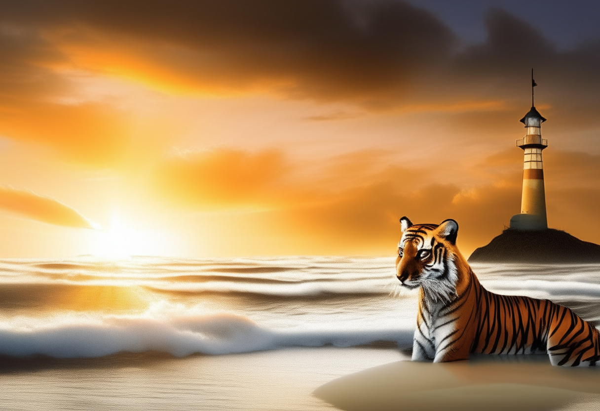 A majestic tiger with orange and black fur resting on a white sand beach as the sun sets. Large waves crash on the shore while in the distance a sailboat sails in strong winds with its sails spread wide. A towering lighthouse stands partially illuminated on the horizon.