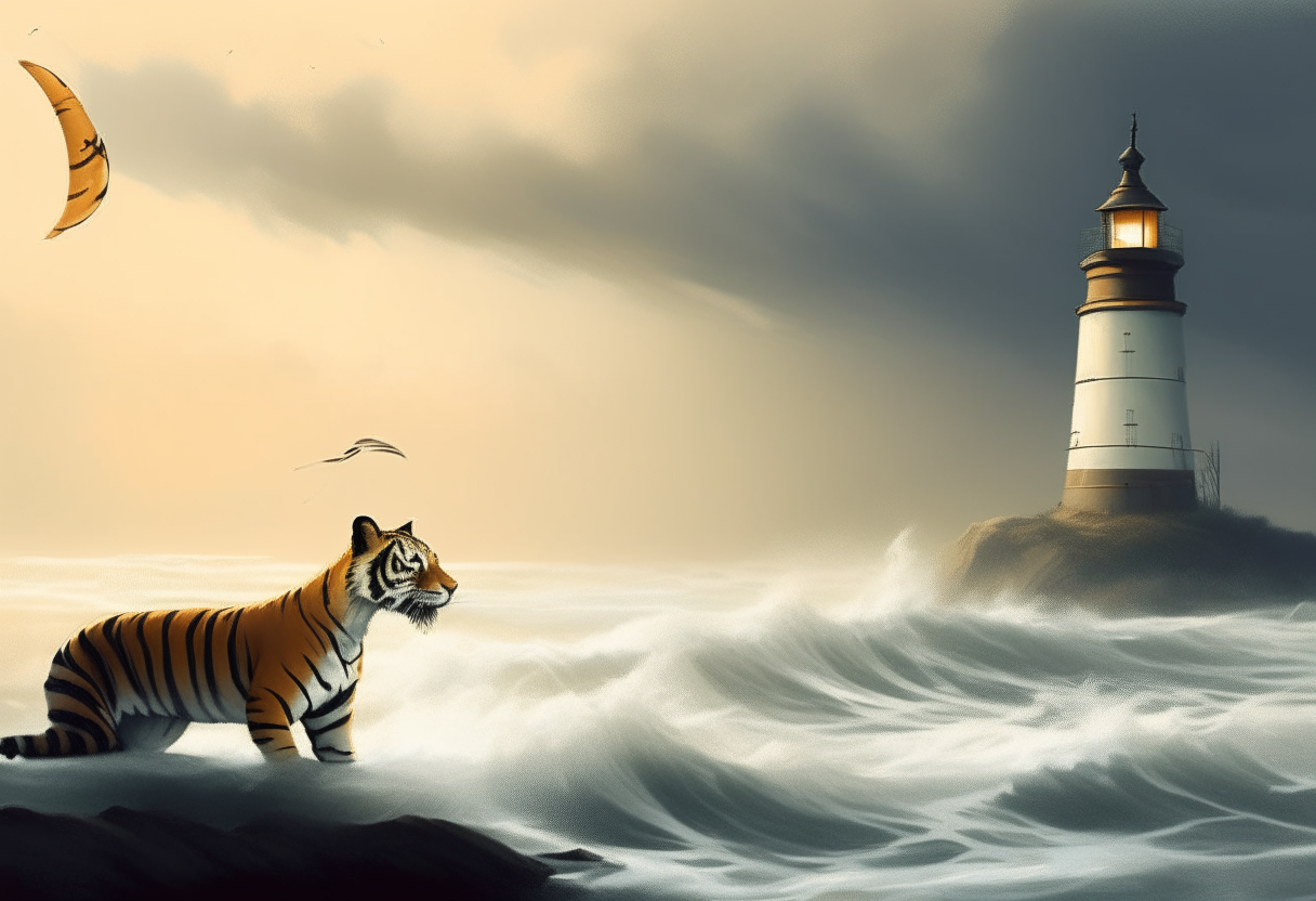 A tiger rests on a beach as large waves crash on the shore. In the distance, a sailboat bobs on the turbulent sea near a towering lighthouse perched on the coast.