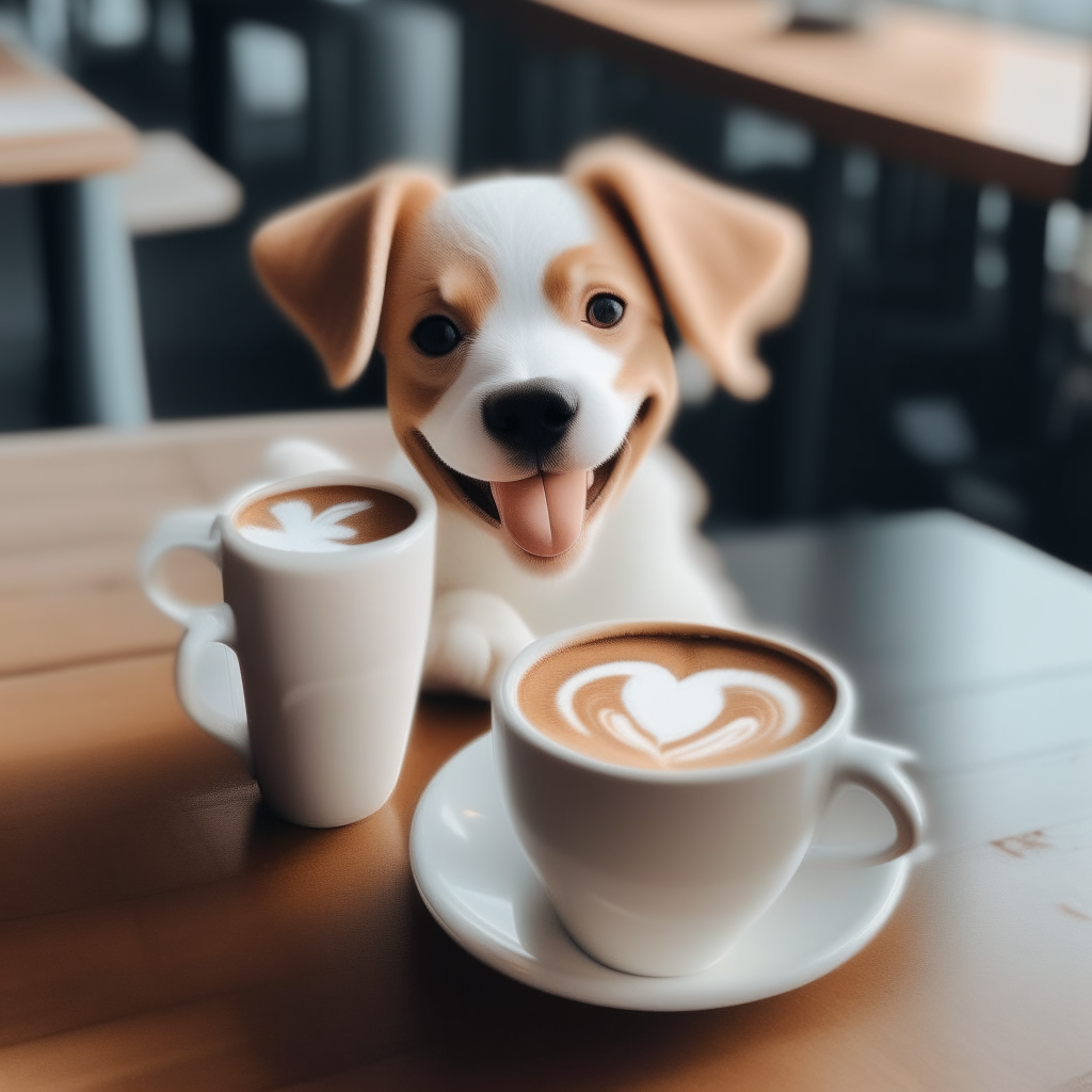 a happy puppy drinking a latte with heart-shaped foam art in a cup on a table