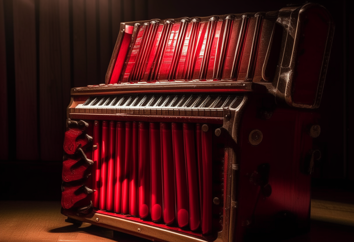 a large red accordion sitting on a wooden stage, strings and keys visible, spotlight shining from above