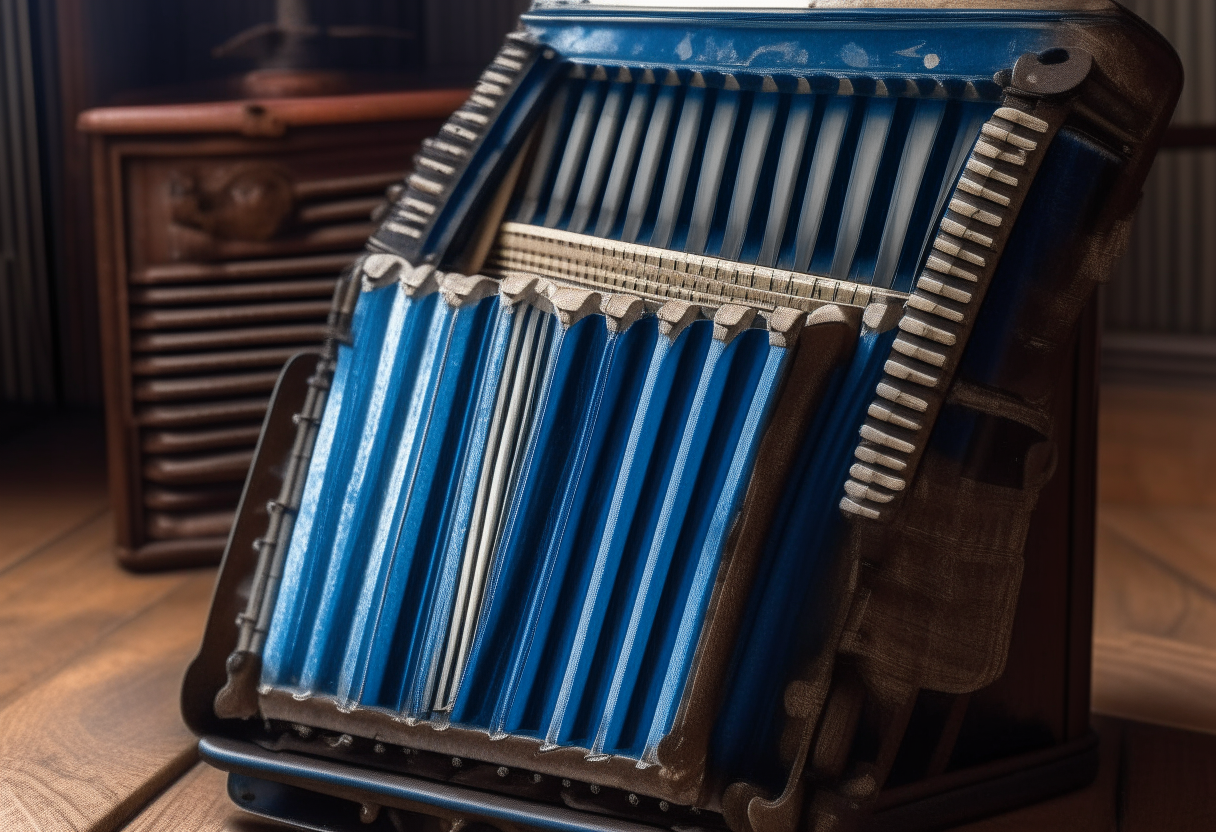 a large blue accordion sitting on a wooden stage, strings and keys visible