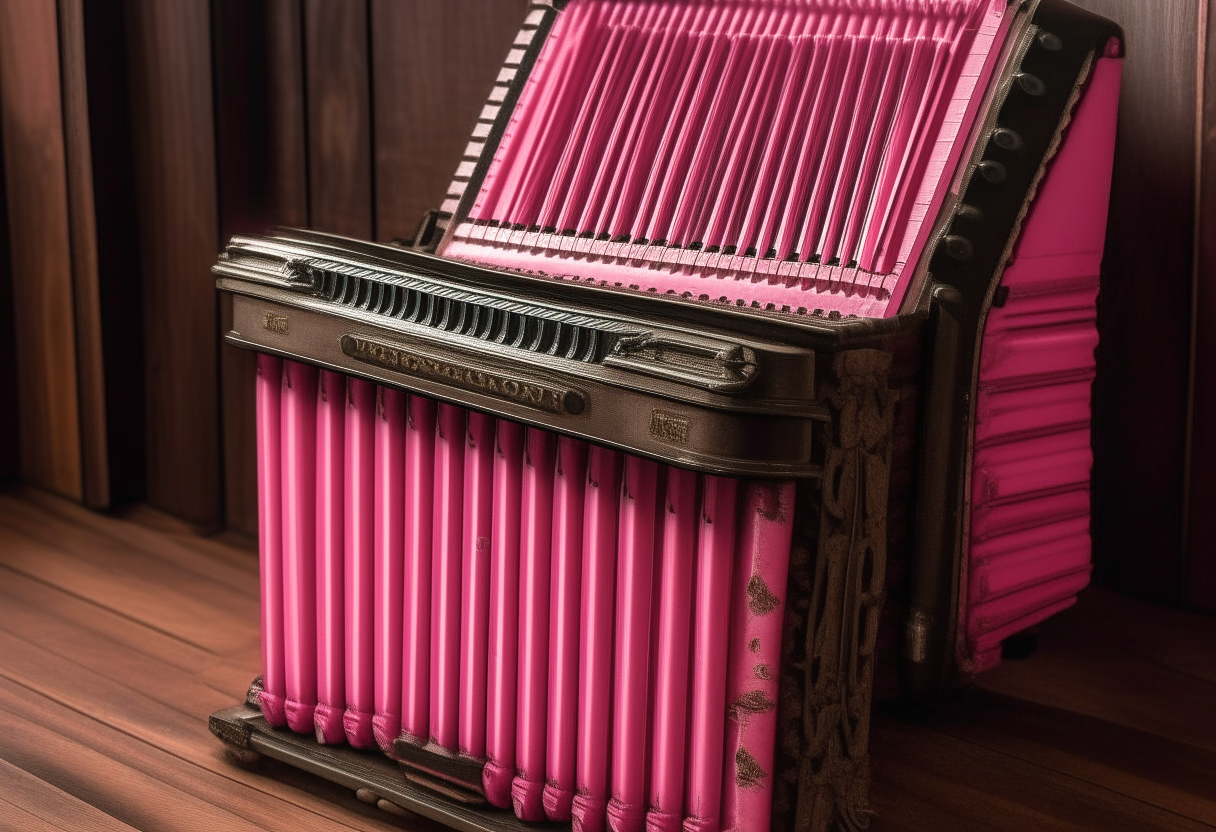 a large pink accordion sitting on a wooden stage, strings and keys visible