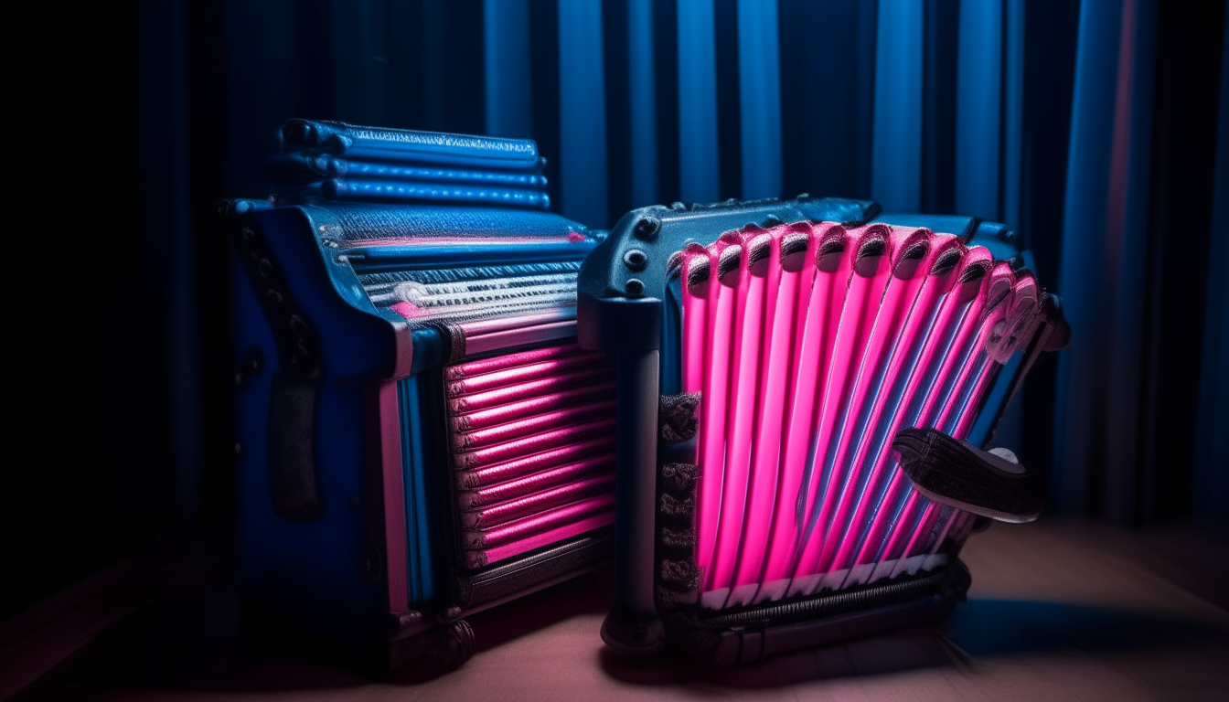 A large beautiful pink accordion and blue accordion sitting side by side on a stage, their keys and strings gleaming as they stand proudly open under spotlights