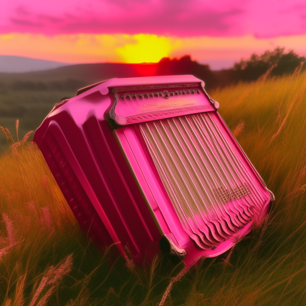 A large pink accordion sitting majestically on a grassy hill under a colorful sunset, gleaming in the golden light