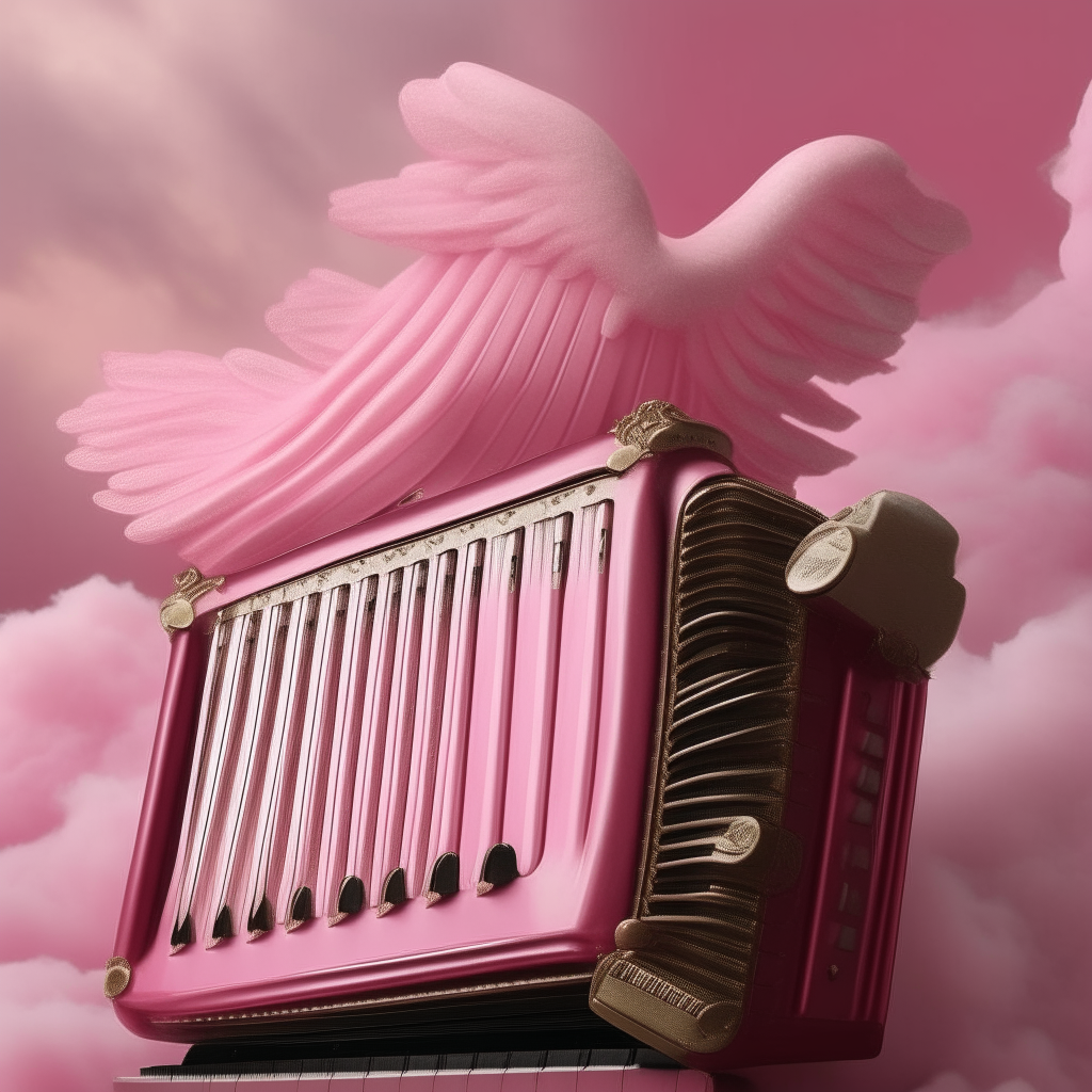 A large pink accordion sits peacefully among fluffy clouds, its keys gleaming in soft heavenly light as angels play beautiful music