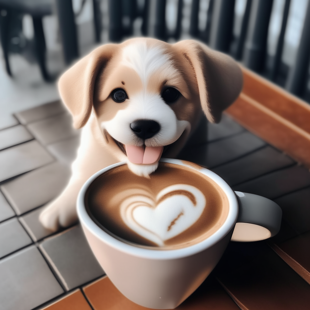 a happy puppy drinking a latte with heart-shaped foam art