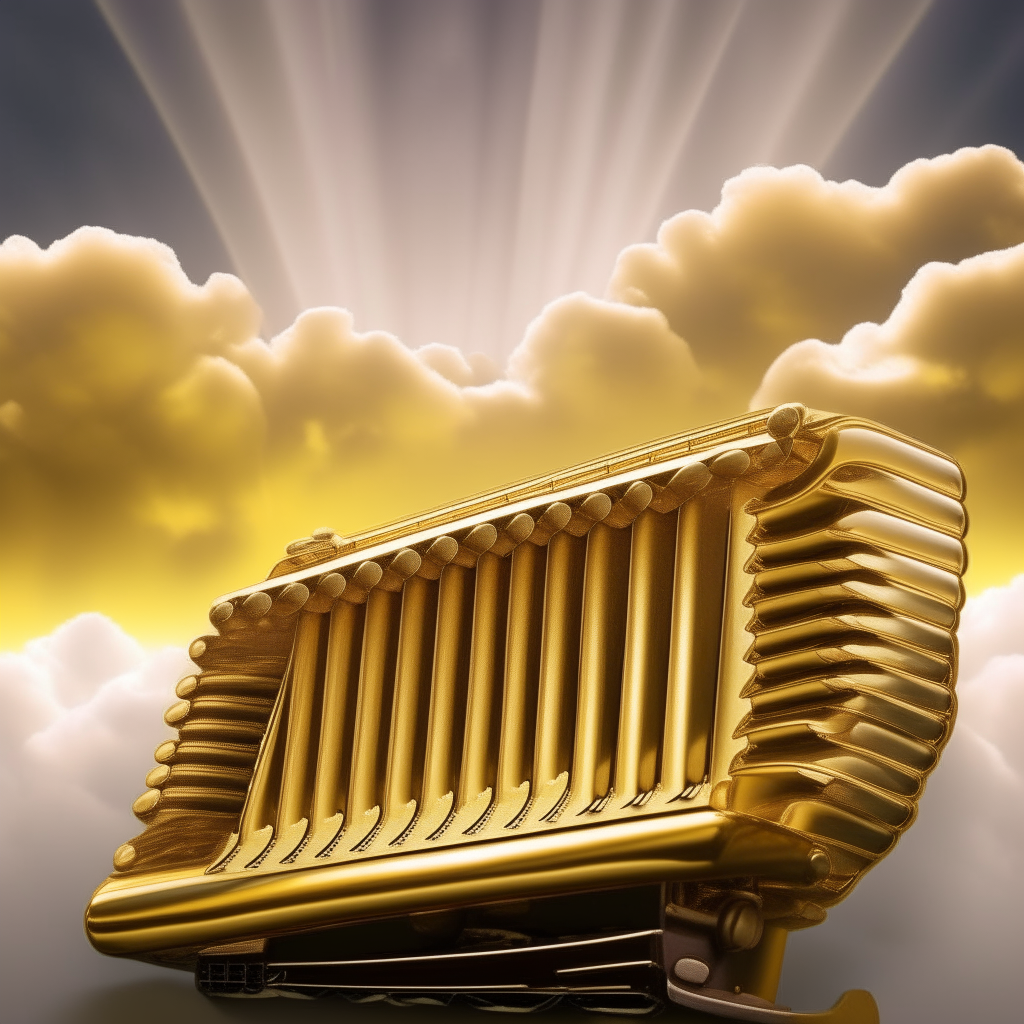 A golden accordion sits among clouds, its keys shining brightly