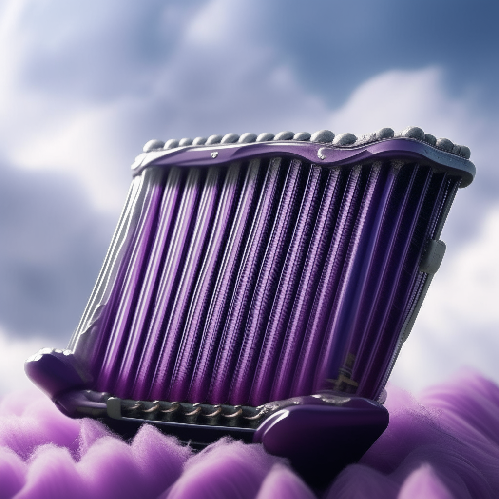 A purple accordion rests on a fluffy cloud, its strings gleaming in the sunlight