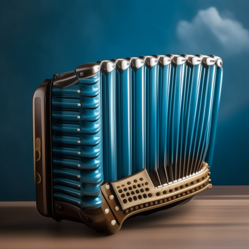 A blue accordion leans against a cloud, its wooden frame polished to a high shine