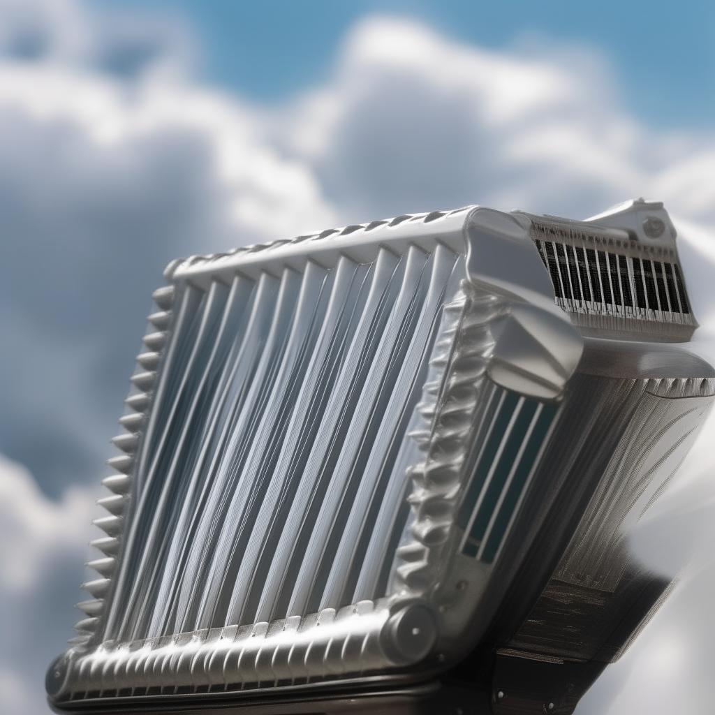 A shining silver accordion rests among wispy clouds