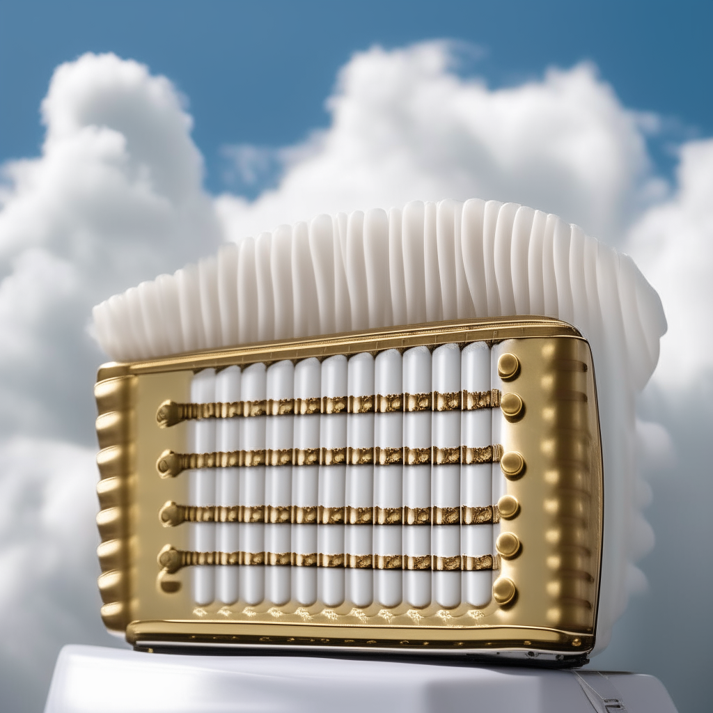 A gold-trimmed accordion sits proudly on a puffy white cloud