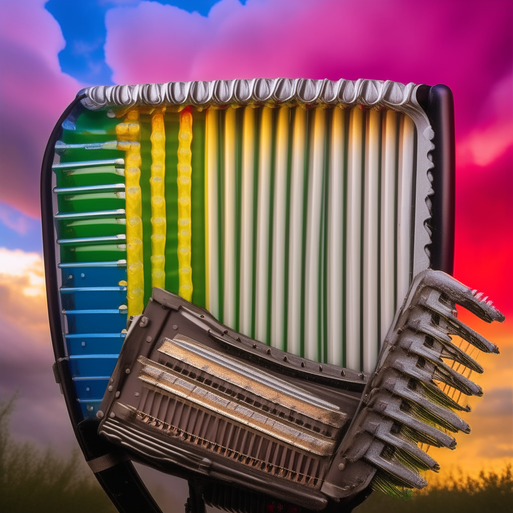 A glittering rainbow accordion leans against colorful clouds