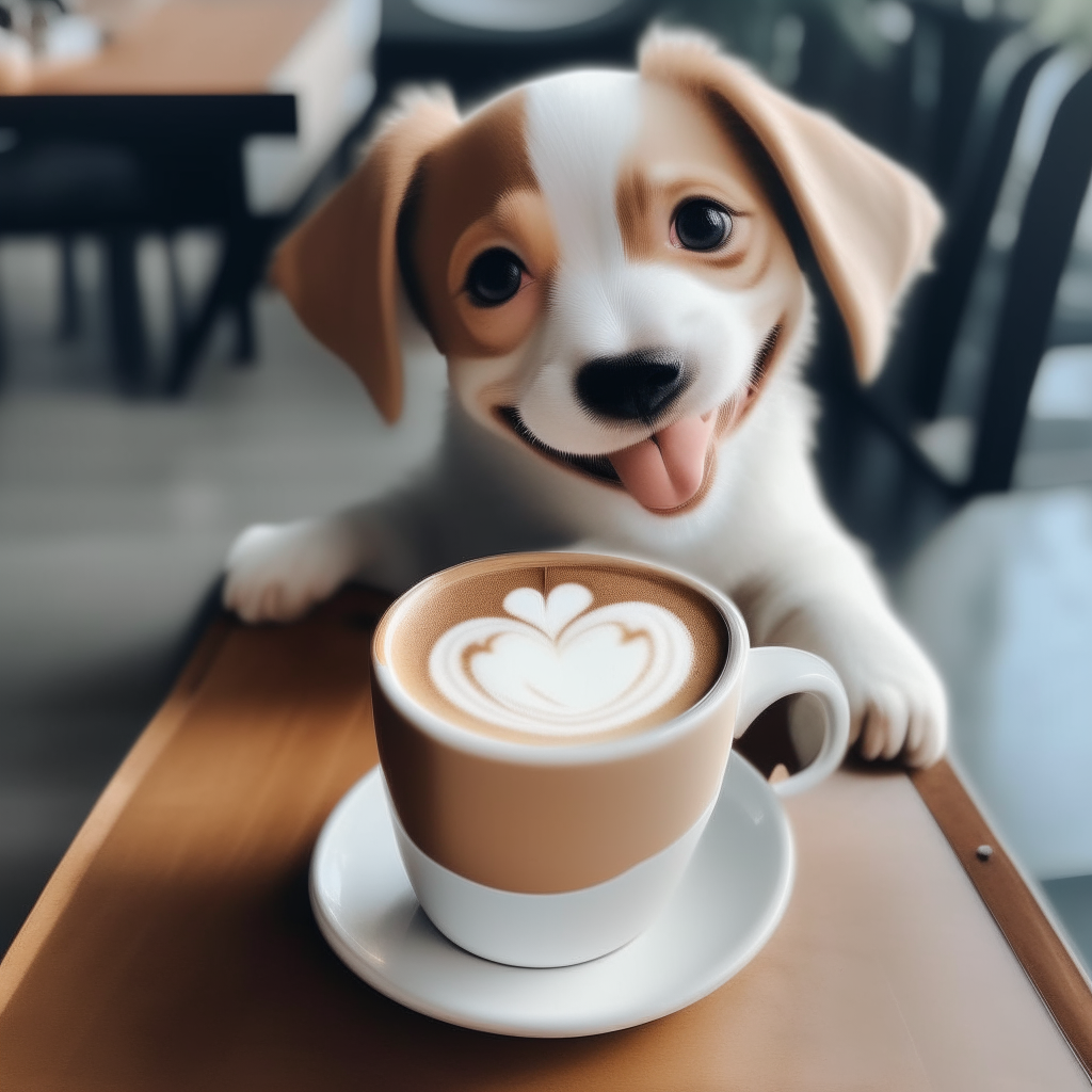 a happy puppy drinking a latte with heart-shaped foam art in a cup on a table