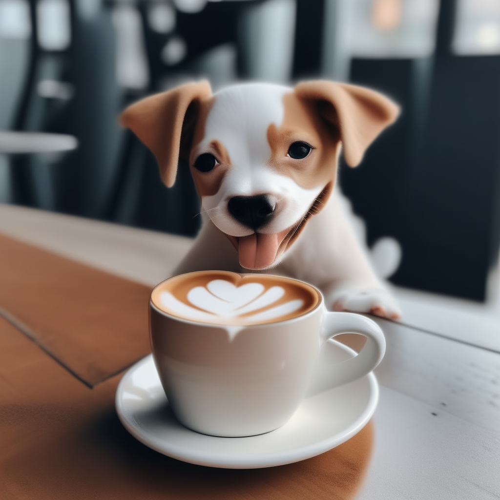 a happy puppy drinking a latte with heart-shaped foam art in a cup on a table