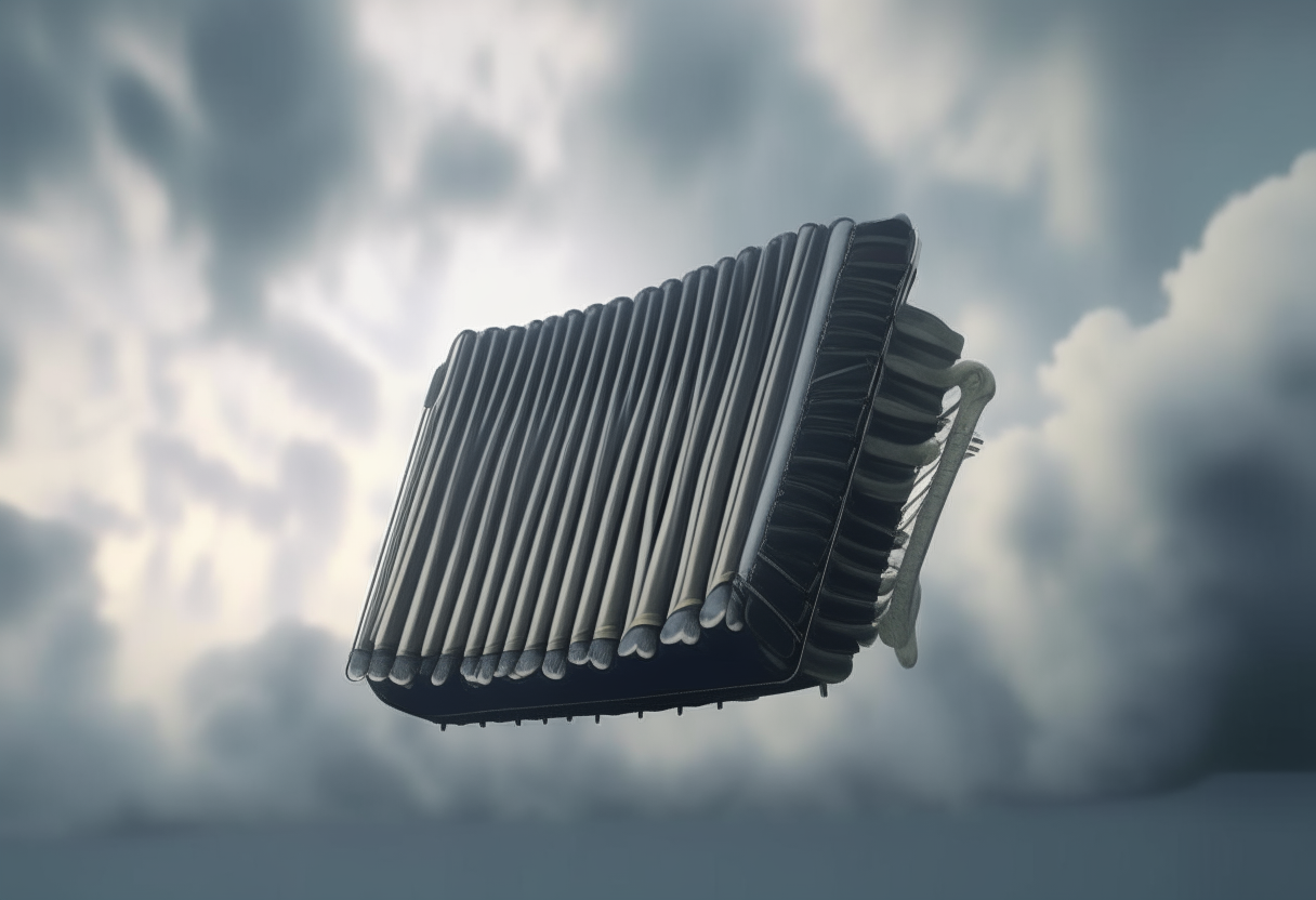 a beautiful accordion floating in a cloudy sky, photorealistic, 4K resolution