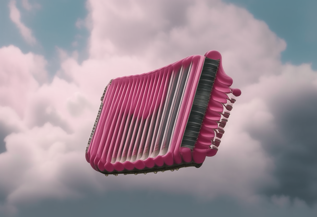 a beautiful pink accordion floating in a cloudy sky