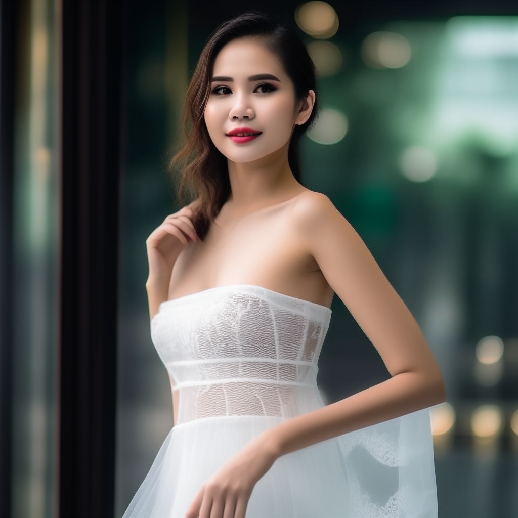 Beautiful Thai woman wearing a strapless white see through dress