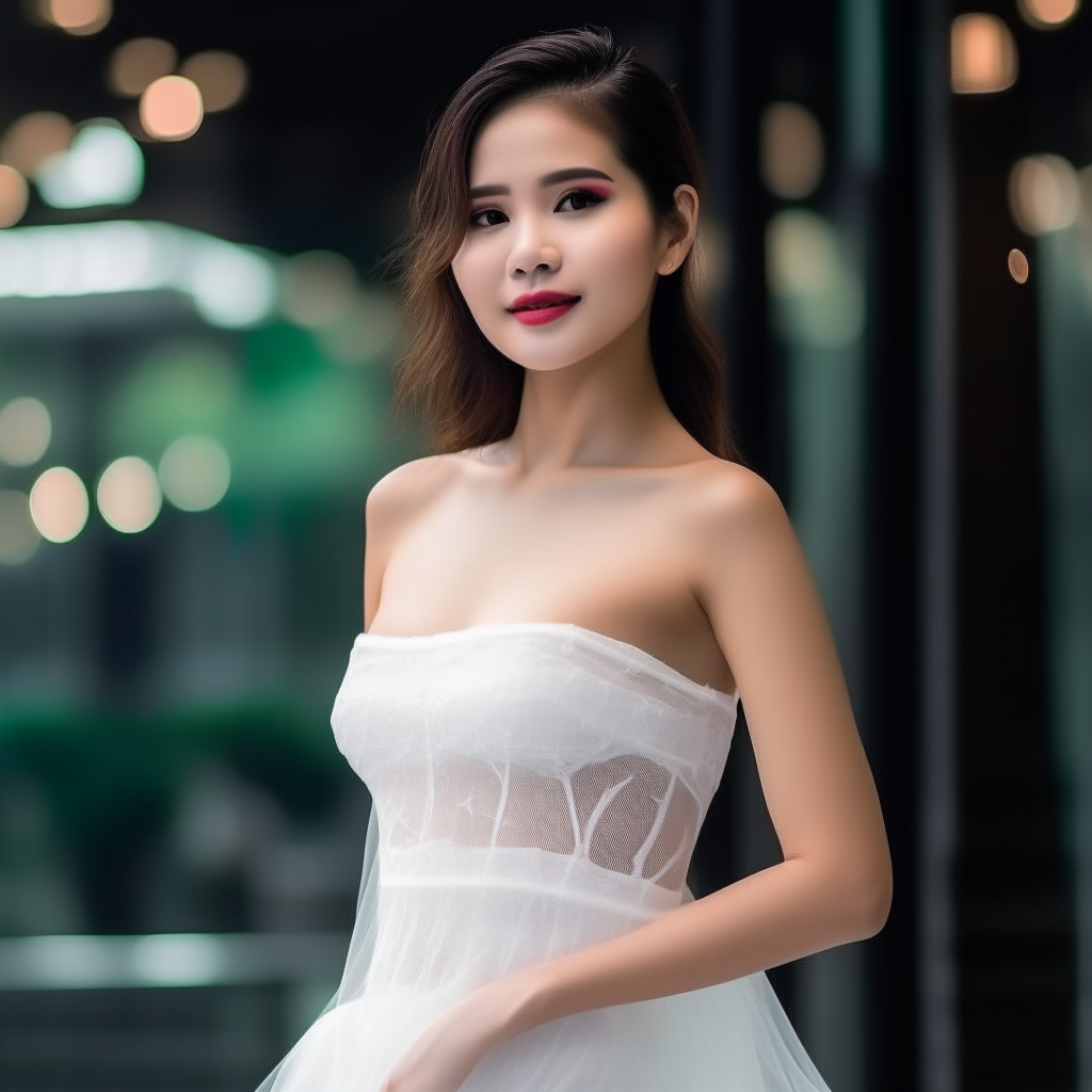 Beautiful Thai woman wearing a strapless white see through dress